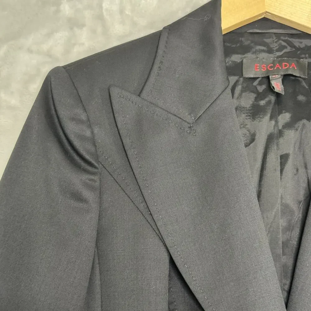 Escada Blazer Womens 42 Black Wool Stretch Classic Two Button Jacket Gold Accent - Picture 4 of 16
